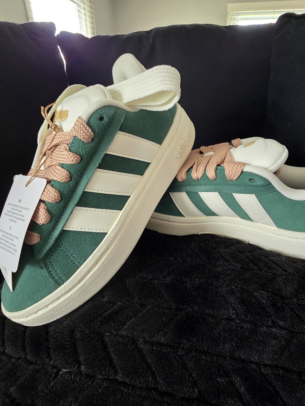 adidas Kids Green Suede Sneakers with Cream Stripes and Pink Laces
